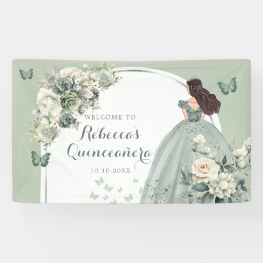 Boho Sage Green Floral Princess Quinceañera Large Banner (Horizontal)