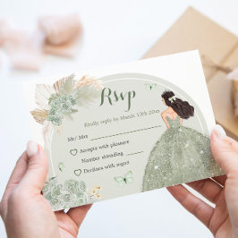Boho Sage Green Floral Princess Quinceañera RSVP Karte