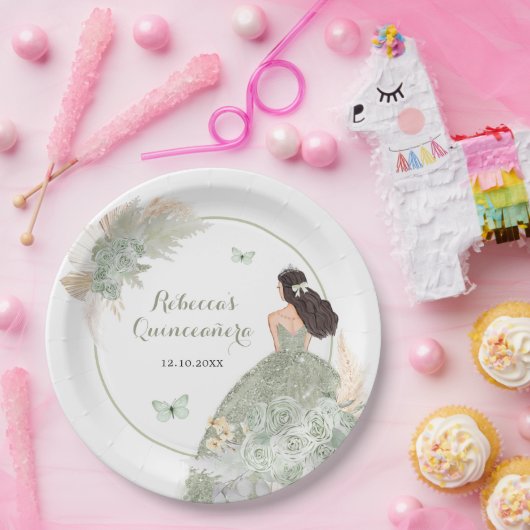 Boho Sage Green Floral Quinceañera Papierplatte Pappteller (Party)