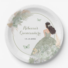Boho Sage Green Floral Quinceañera Papierplatte Pappteller