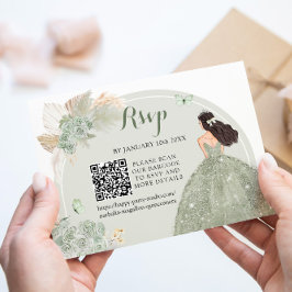 Boho Sage Green Floral Quinceañera QR RSVP Karte