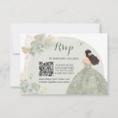 Boho Sage Green Floral Quinceañera QR RSVP Karte (Vorderseite)