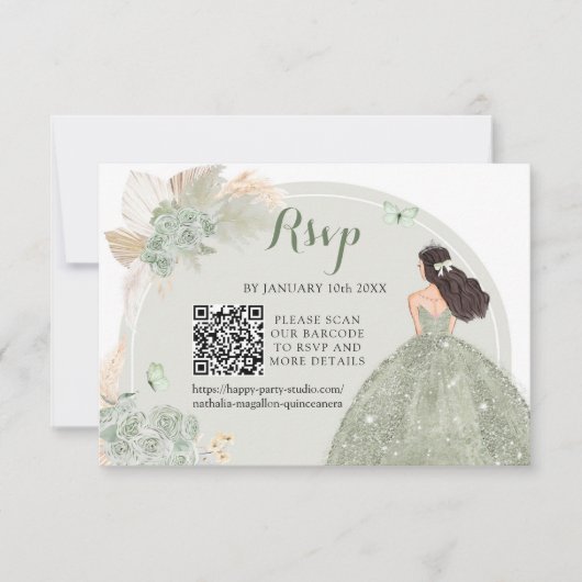 Boho Sage Green Floral Quinceañera QR RSVP Karte (Vorderseite)