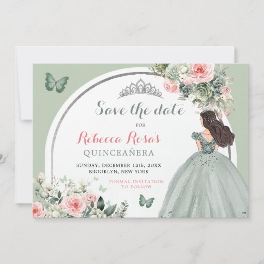 Boho Sage Green Floral Quinceañera Save the Date Einladung (Vorderseite)