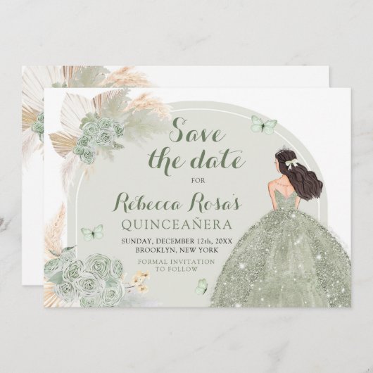 Boho Sage Green Floral Quinceañera Save the Date Einladung (Vorne/Hinten)