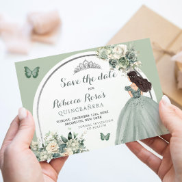 Boho Sage Green Floral Quinceañera Save the Date Einladung