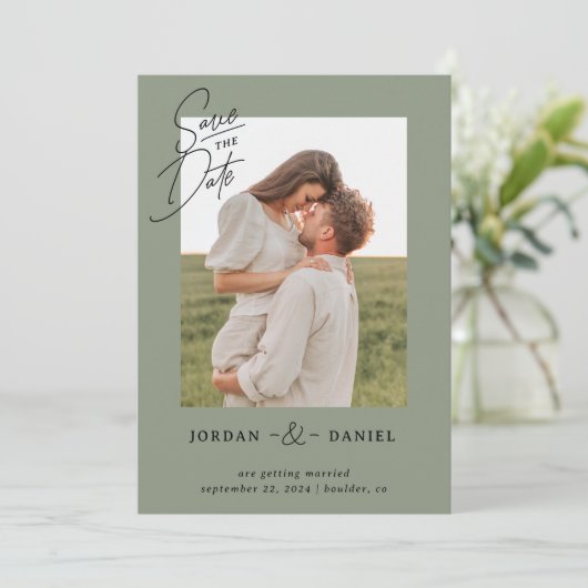 Boho Sage Green Foto Save the Date-Karte Save The Date (Stehend Vorderseite)