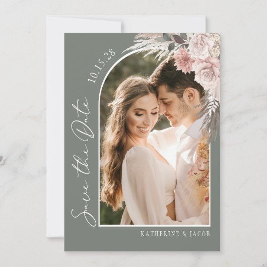 Boho Sage Green Foto Wedding Save The Date (Vorderseite)