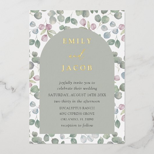 Boho Sage Green & Gold Eucalyptus Wedding Folieneinladung (Vorderseite)