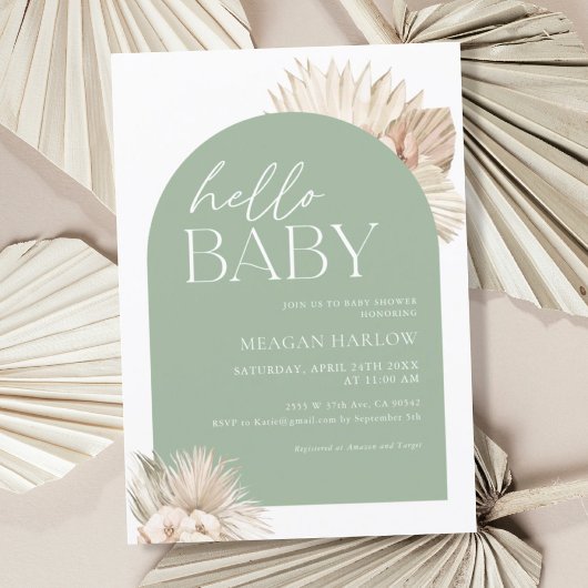 Boho Sage Green Hello Baby Dusche Einladung