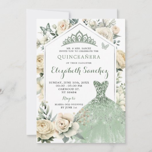 Boho Sage Green Ivory Quinceañera Royale Einladung (Vorderseite)