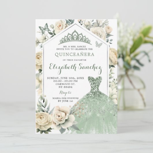 Boho Sage Green Ivory Quinceañera Royale Einladung (Stehend Vorderseite)
