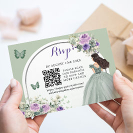 Boho Sage Green Lilac Princess Girl 15 Años QR RSVP Karte