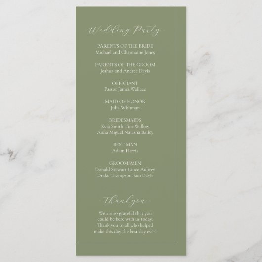Boho Sage Green & Linen Minimalist Arch Wedding Programm (Rückseite)