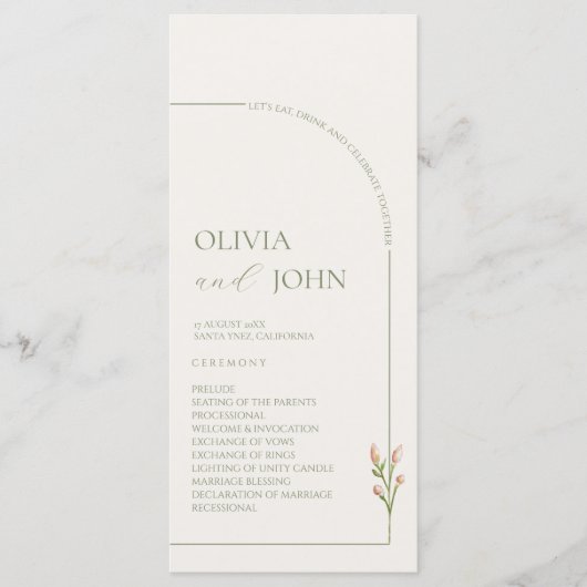 Boho Sage Green & Linen Minimalist Arch Wedding Programm (Vorderseite)