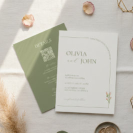 Boho Sage Green & Linen Minimalist w Details & QR  Einladung