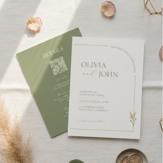 Boho Sage Green & Linen Minimalist w Details & QR Einladung