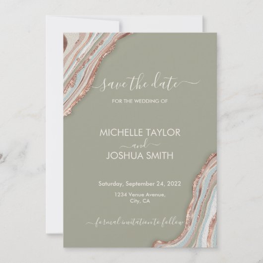 Boho Sage Green Marble Stone Agate Save the Date I Einladung (Vorderseite)