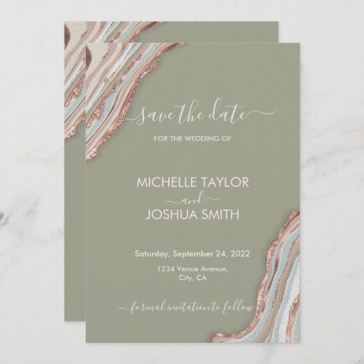 Boho Sage Green Marble Stone Agate Save the Date I Einladung (Vorne/Hinten)