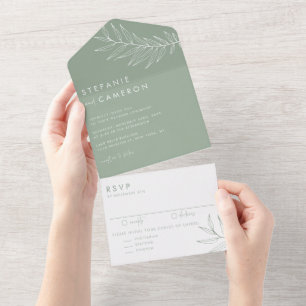 Boho Sage Green Minimalistisch Foliage Wedding All In One Einladung