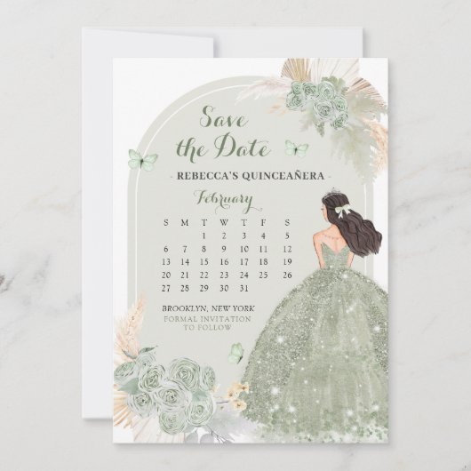 Boho Sage Green Mis Quince Save the Date Calendar Einladung (Vorderseite)