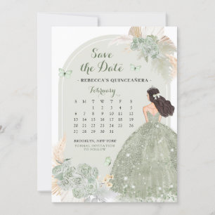 Boho Sage Green Mis Quince Save the Date Calendar Einladung