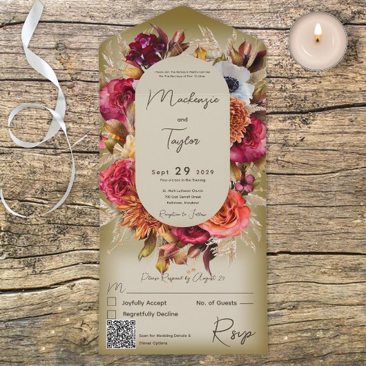 Boho Sage Green Modern Floral Wreath QR-Code All In One Einladung