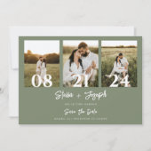 Boho Sage Green Moderne Drei Fotos Hochzeit Save The Date (Vorderseite)