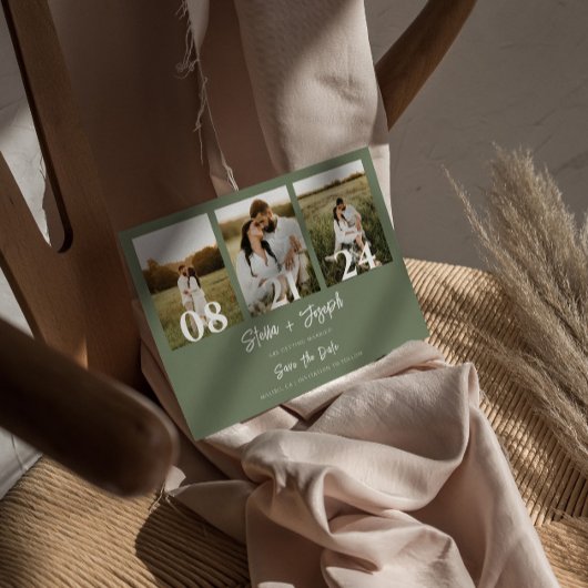 Boho Sage Green Moderne Drei Fotos Hochzeit Save The Date