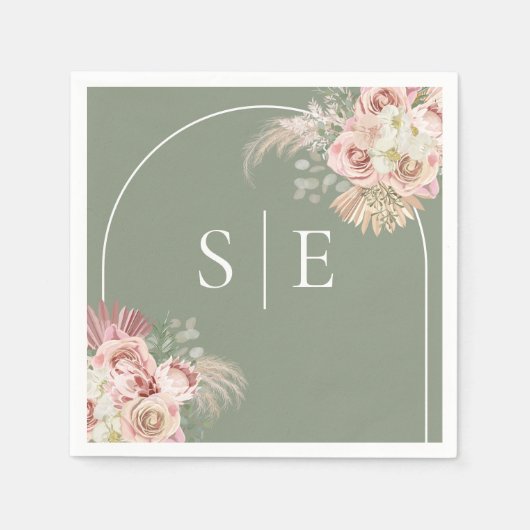 Boho Sage Green Pampas Grass Arch Monogram Napkins Serviette (Vorderseite)