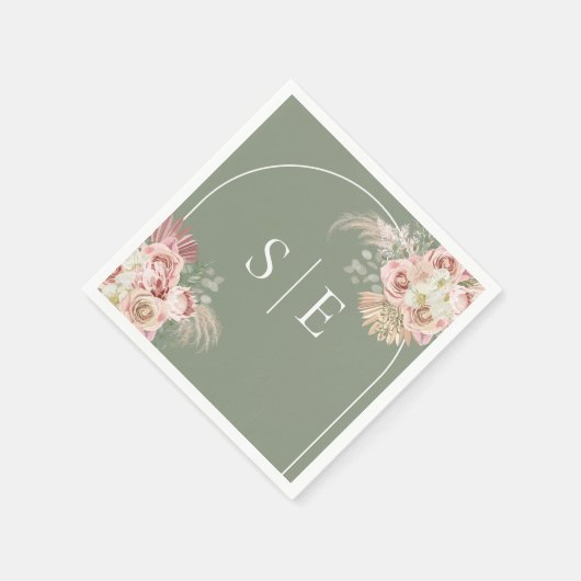 Boho Sage Green Pampas Grass Arch Monogram Napkins Serviette (Ecke)