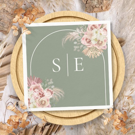 Boho Sage Green Pampas Grass Arch Monogram Napkins Serviette