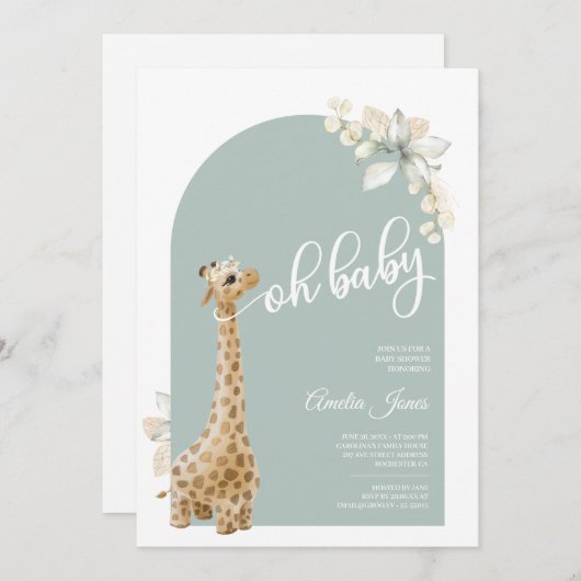 Boho Sage Green Pampas Grass Giraffe Kinderdusche Einladung (Vorne/Hinten)