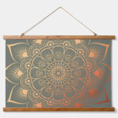 Boho Sage Green Peach Mandala Wood Topped Wandteppich Mit Holzrahmen (Vorne)