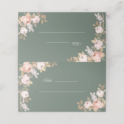 Boho Sage Green Peonies Wedding Platzkarte (Außenseite Aufgefaltet)