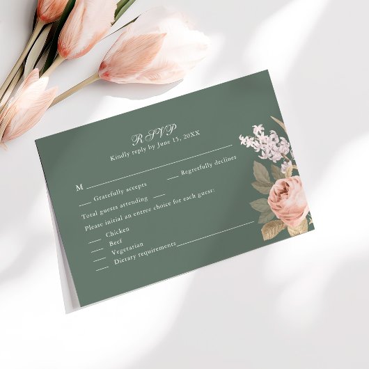 Boho Sage Green Peonies Wedding RSVP Card Dankeskarte