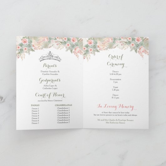 Boho Sage Green Pink 15 Años Programmvorlage Einladung (Innenseite)