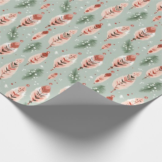 Boho Sage Green Pink Feathers Bäume Weihnachten Geschenkpapier (Ecke)