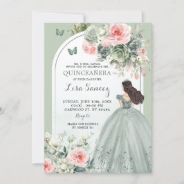 Boho Sage Green Pink Floral Prinzessin Quinceañera Einladung