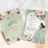 Boho Sage Green Pink Floral Quinceañera Einladung