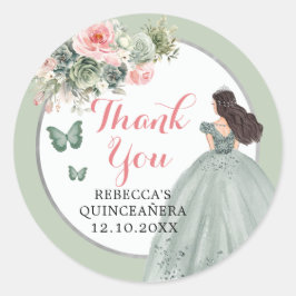 Boho Sage Green Pink Girl Floral Quinceañera Runder Aufkleber