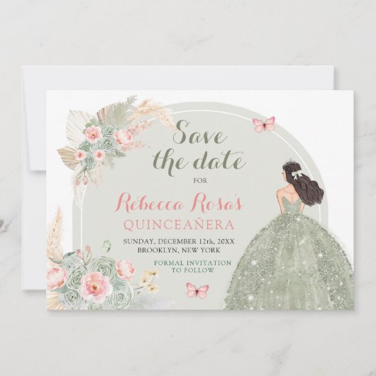 Boho Sage Green Pink Quinceañera Save the Date Einladung (Vorderseite)
