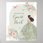 Boho Sage Green Pink Quinceñera Gästebuch (Vorne)