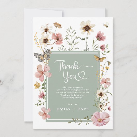 Boho Sage Green Pink Wildblume Garden Baby Dusche Dankeskarte (Vorderseite)