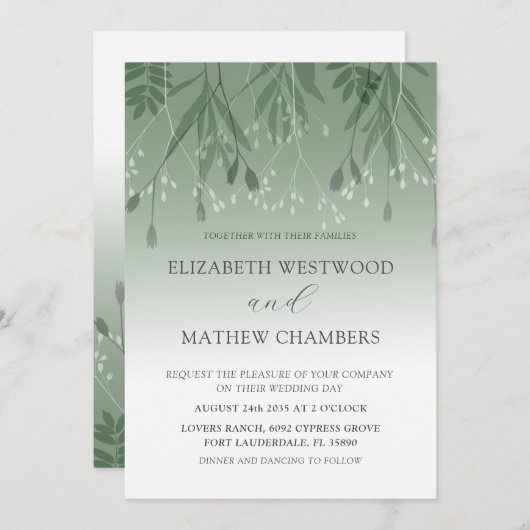 Boho Sage Green Pressed Foliage Wedding Einladung (Vorne/Hinten)