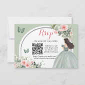 Boho Sage Green Princess Girl 15 Años QR RSVP Karte (Vorderseite)