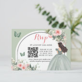 Boho Sage Green Princess Girl 15 Años QR RSVP Karte (Stehend Vorderseite)