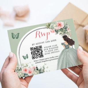 Boho Sage Green Princess Girl 15 Años QR RSVP Karte