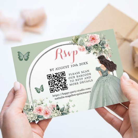 Boho Sage Green Princess Girl 15 Años QR RSVP Karte