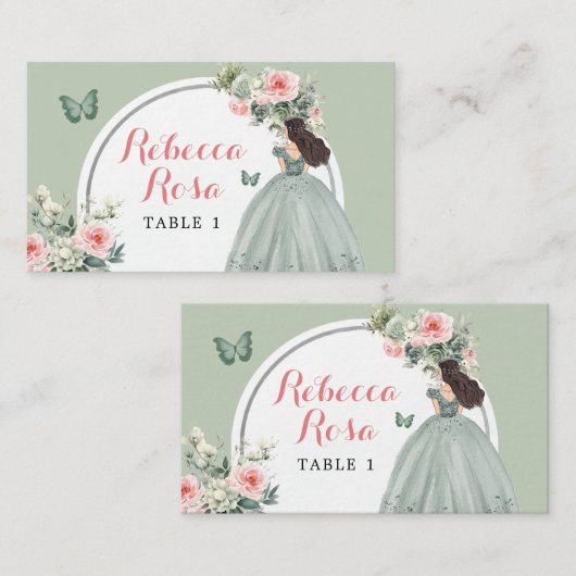 Boho Sage Green Princess Quinceañera Floral Platzkarte (Vorne/Hinten)